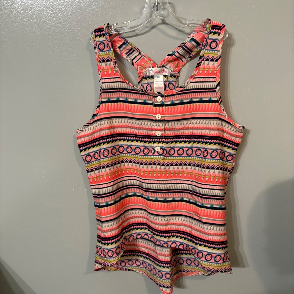 Japna Orange Tank Top Sleeveless Geometric Pattern Multicolor (Girls 10)